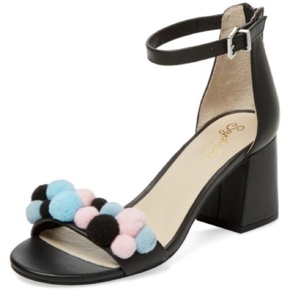 Seychelles Shoes - Seychelles Black March Pom Heeled Leather Sandals